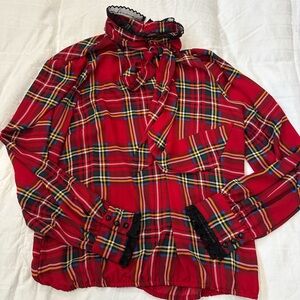 New York & Co Red Plaid Blouse with Ruffle Collar